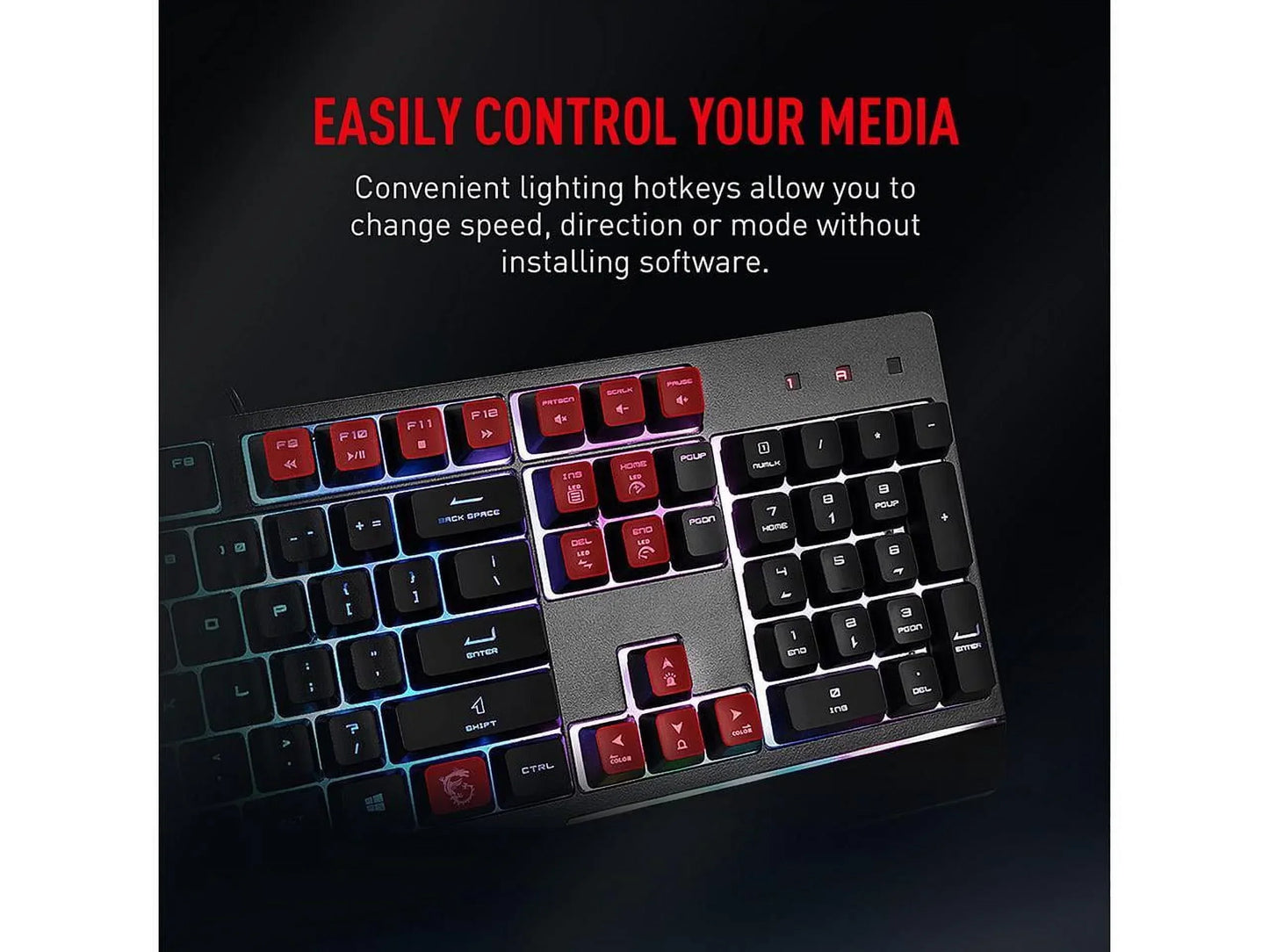 RGB gaming keyboard with red media hotkeys, black keys, and backlit design on dark background
