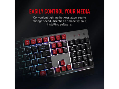 RGB gaming keyboard with red media hotkeys, black keys, and backlit design on dark background