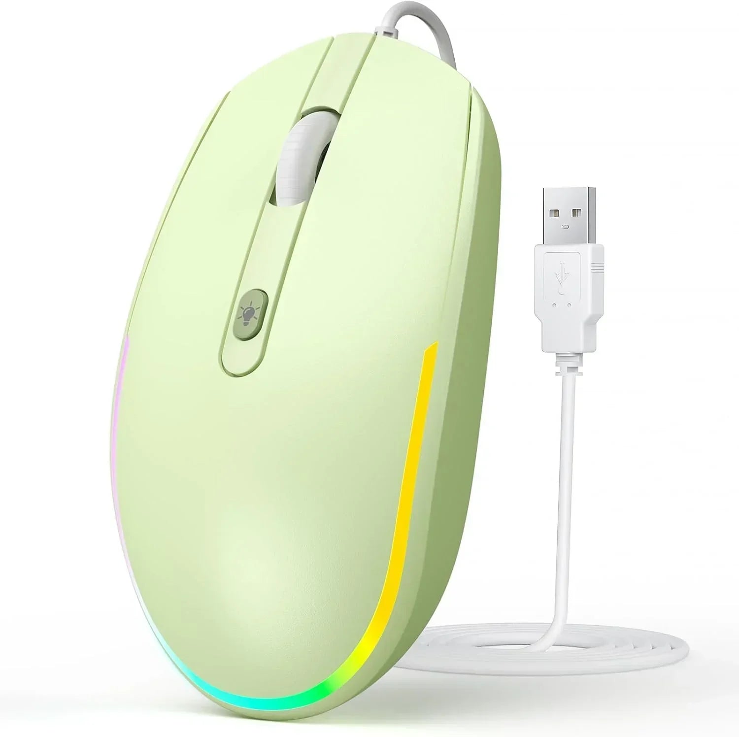 Light green wired USB gaming mouse with RGB lighting accents, ergonomic design