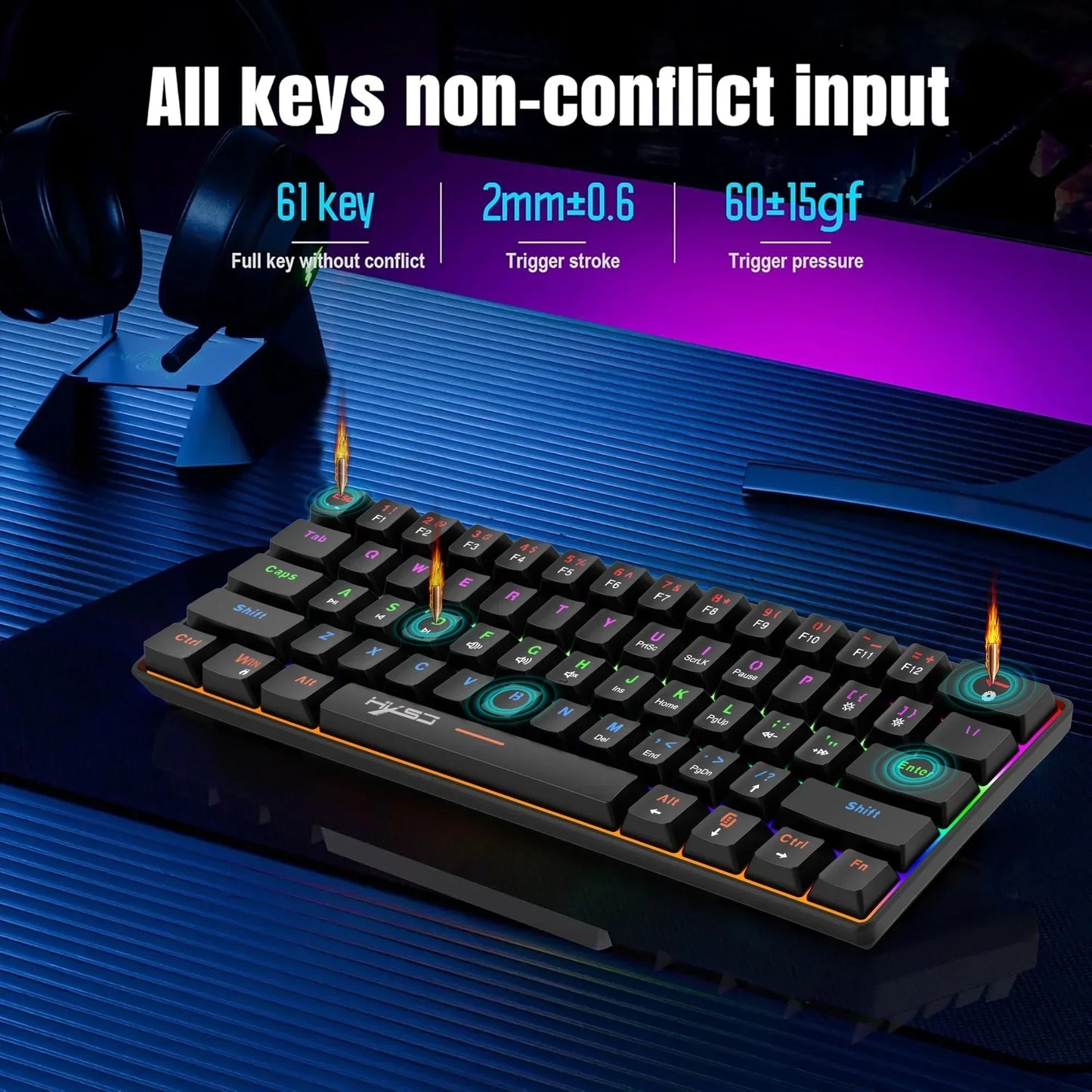 RGB 61-key gaming keyboard with non-conflict input, compact design, and backlit keys on desk