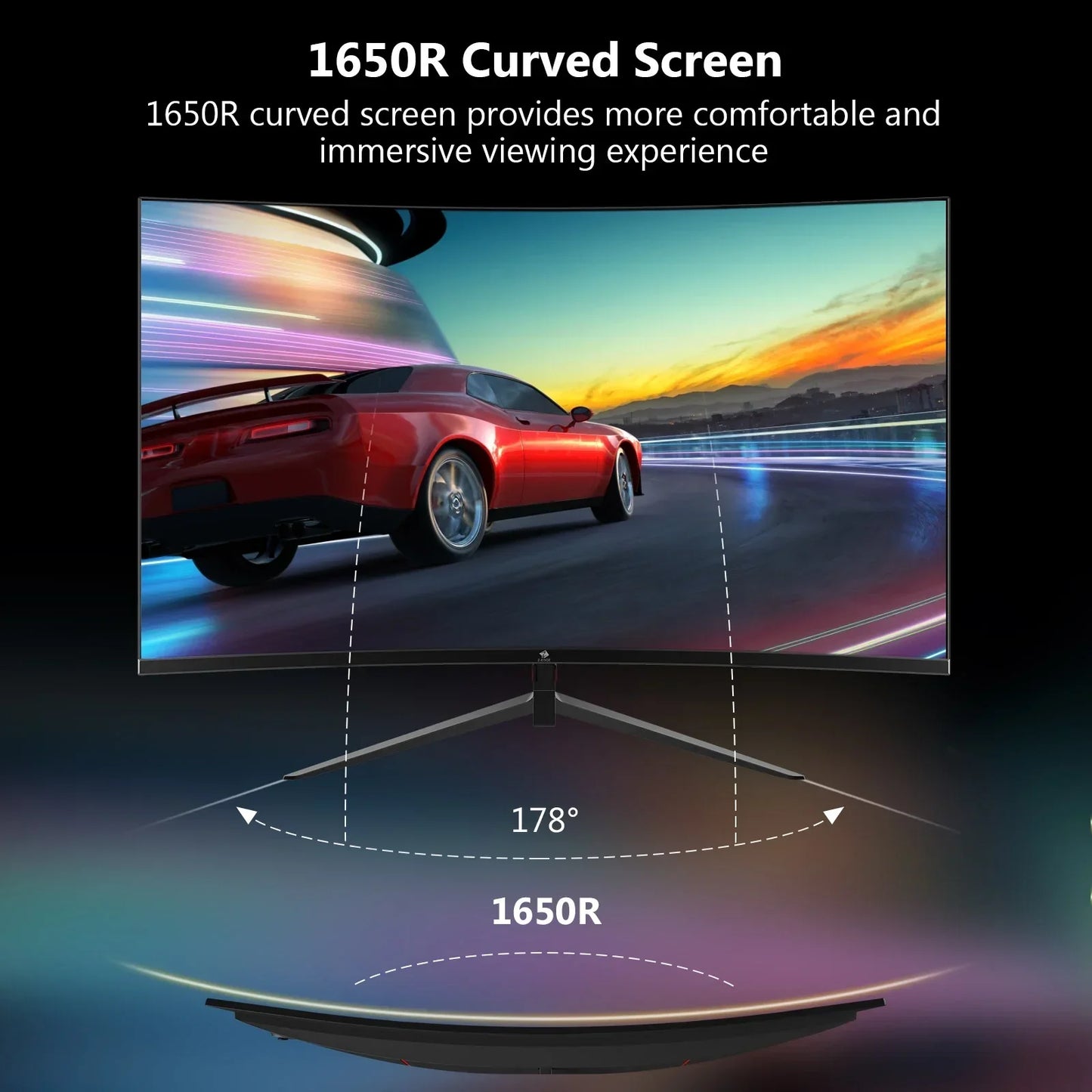 1650R curved gaming monitor displaying a red sports car racing in a vibrant digital landscape with 178° wide viewing angle