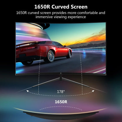 1650R curved gaming monitor displaying a red sports car racing in a vibrant digital landscape with 178° wide viewing angle