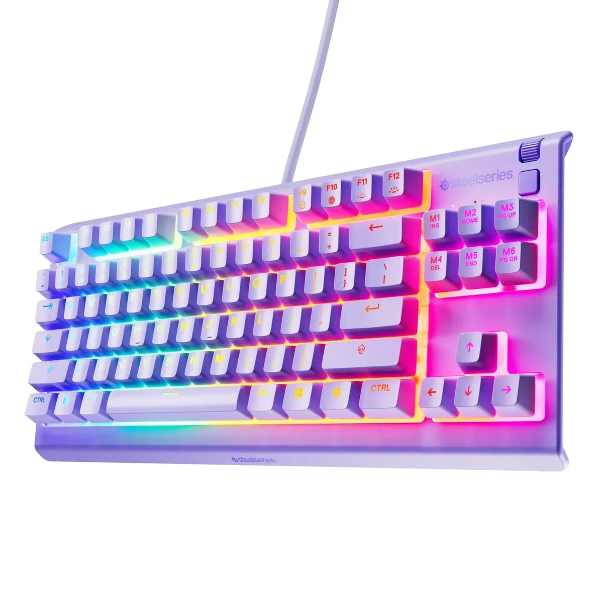 White SteelSeries gaming keyboard with RGB backlighting, modern design, Byte Style gear