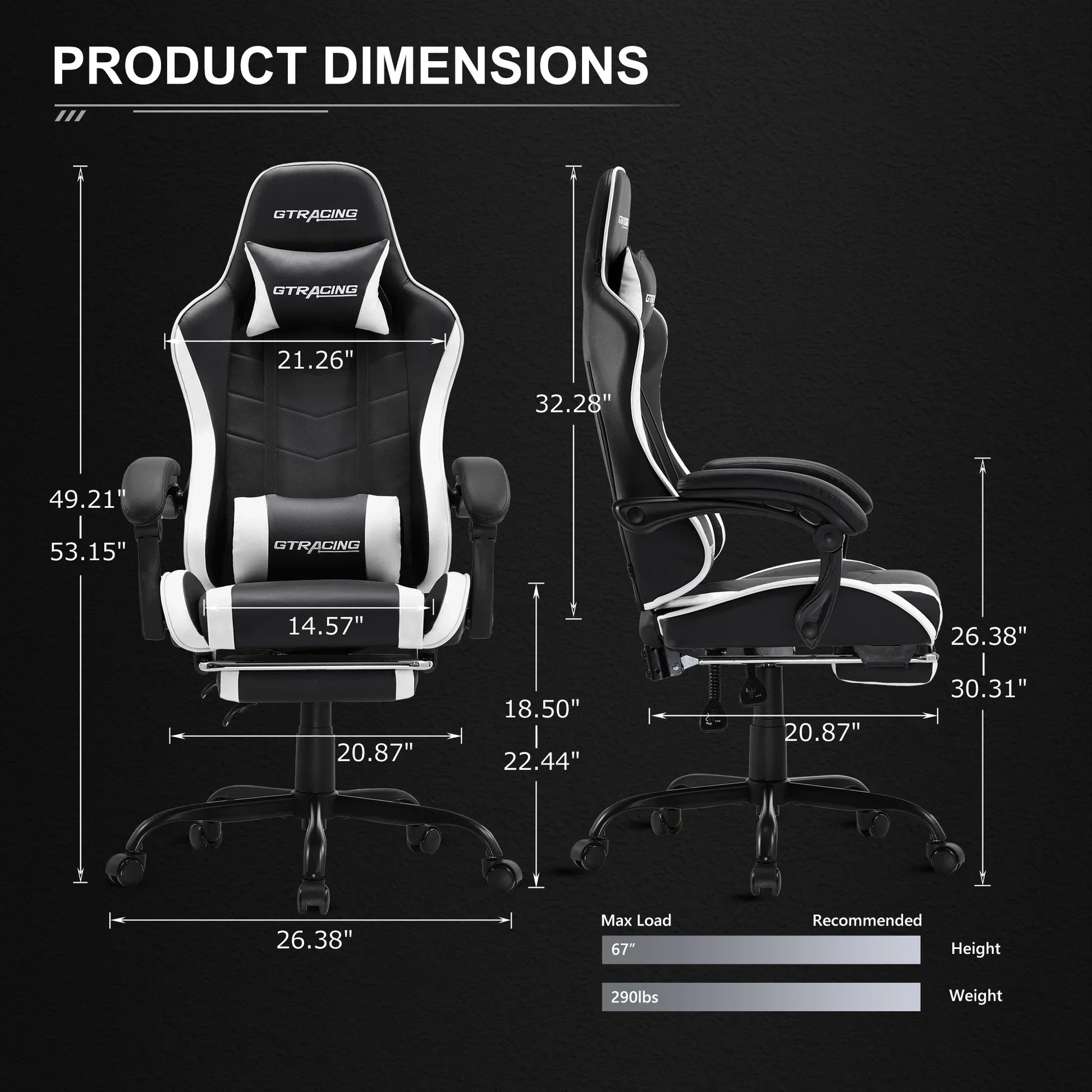 Black and white GTRACING gaming chair with detailed product dimensions and ergonomic design