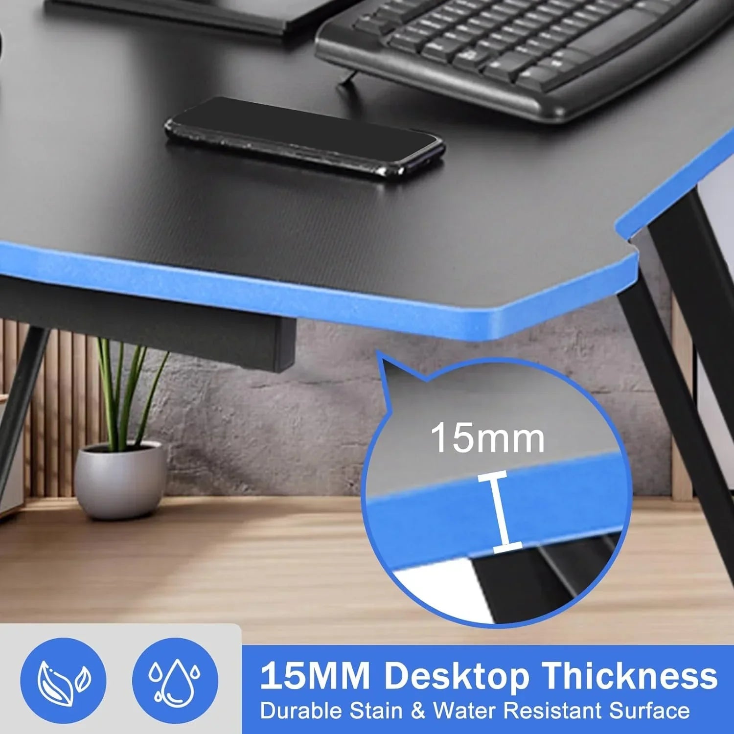 Gaming desk with 15mm thick blue edge desktop, durable stain and water resistant surface with keyboard and phone