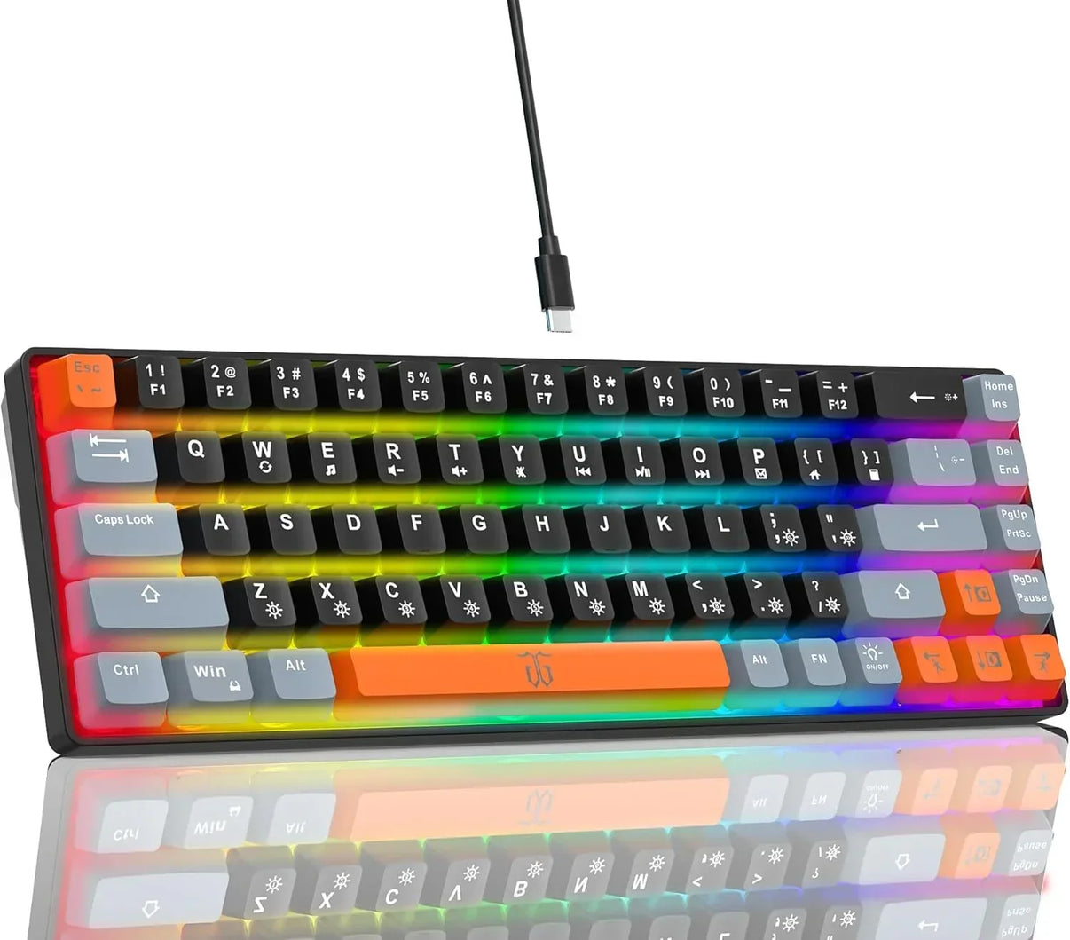 RGB backlit mechanical gaming keyboard with retro 8-bit style, USB-C cable, and colorful keycaps.