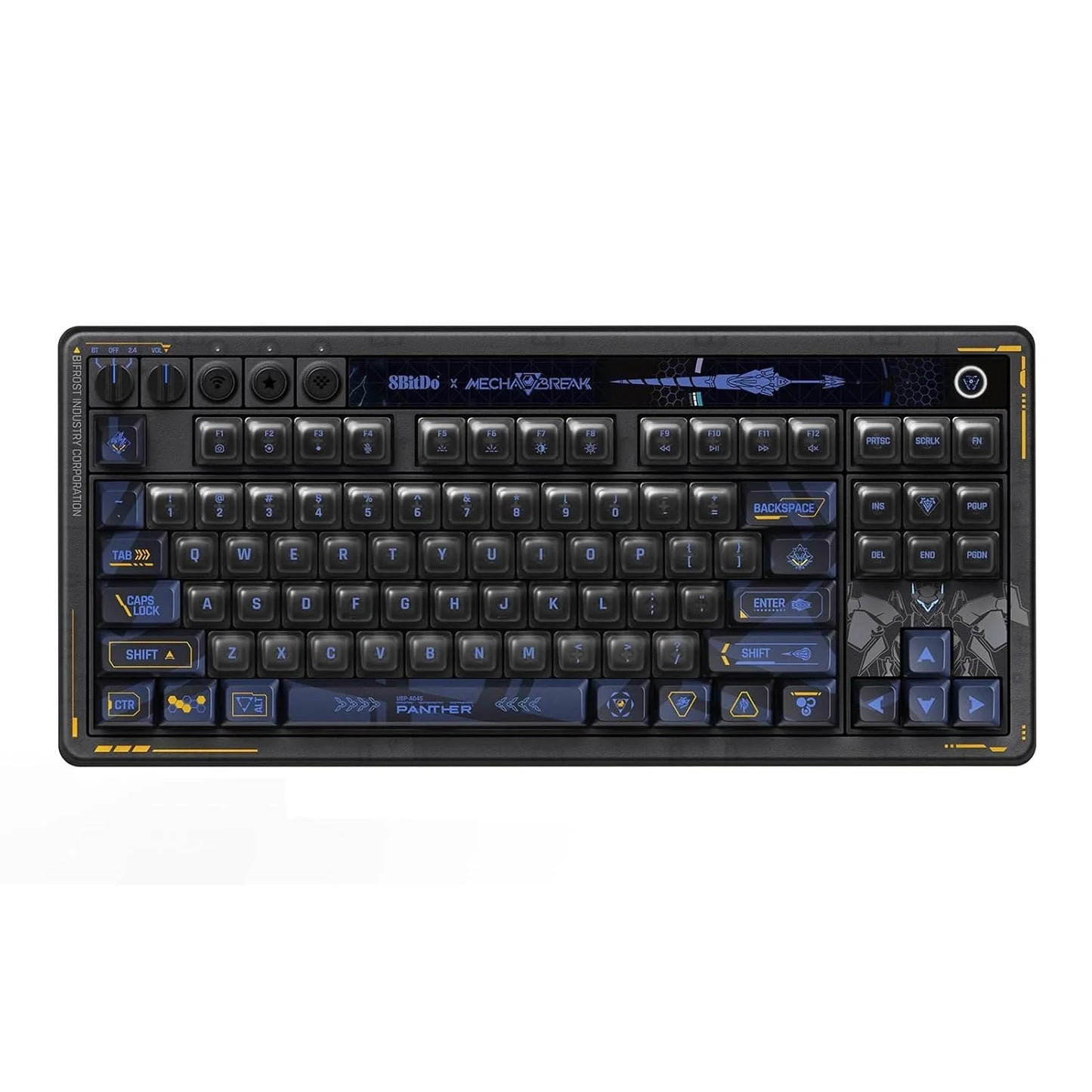 Retro 8-bit style blue and black gaming keyboard with custom keycaps and sci-fi graphics