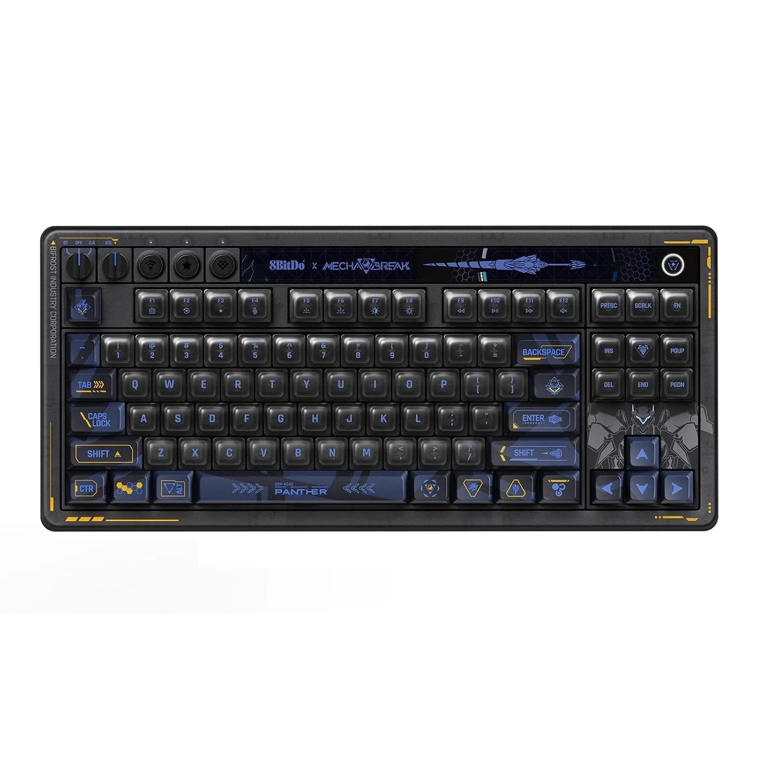 Retro 8-bit style blue and black gaming keyboard with custom keycaps and sci-fi graphics