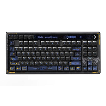 Retro 8-bit style blue and black gaming keyboard with custom keycaps and sci-fi graphics