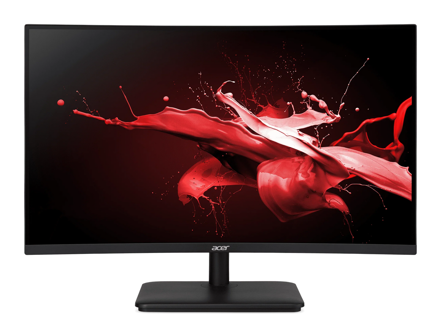 Acer curved widescreen monitor displaying dynamic red paint splashes on a black background