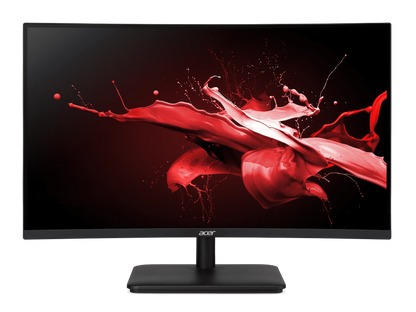 Acer curved widescreen monitor displaying dynamic red paint splashes on a black background