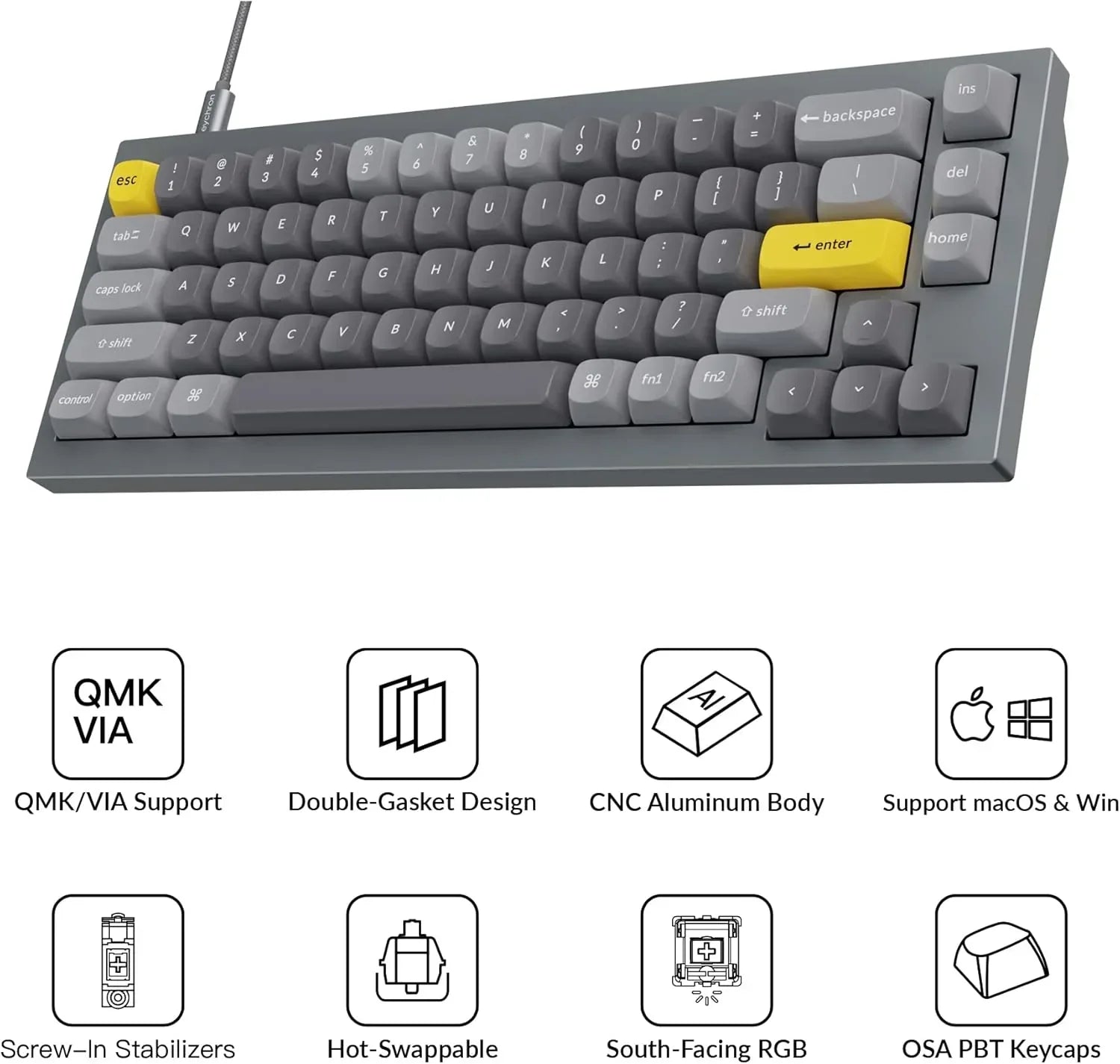 Gray 8-bit style mechanical keyboard with yellow keys, QMK/VIA support, hot-swappable, RGB-ready.