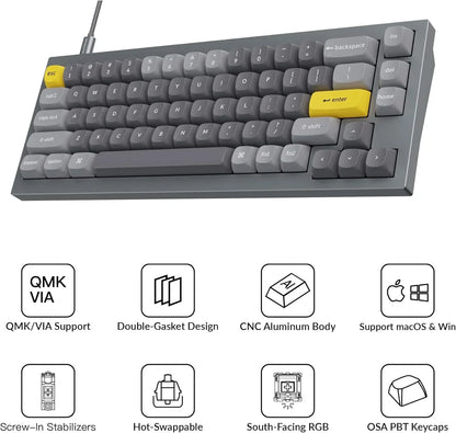 Gray 8-bit style mechanical keyboard with yellow keys, QMK/VIA support, hot-swappable, RGB-ready.