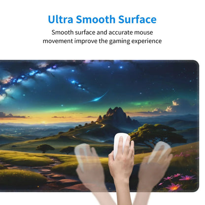 Gaming mouse on a large mousepad with fantasy mountain and starry night design illustrating ultra smooth surface