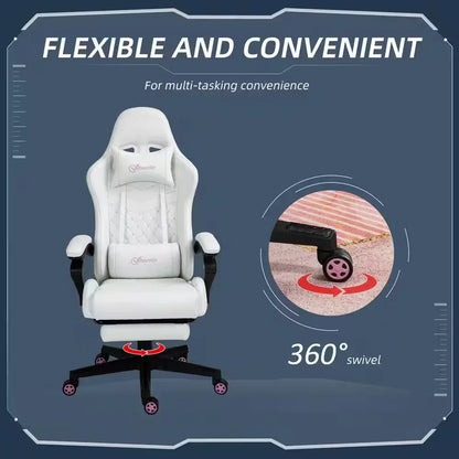 White gaming chair with adjustable lumbar and neck support, 360-degree swivel wheels for flexible multitasking