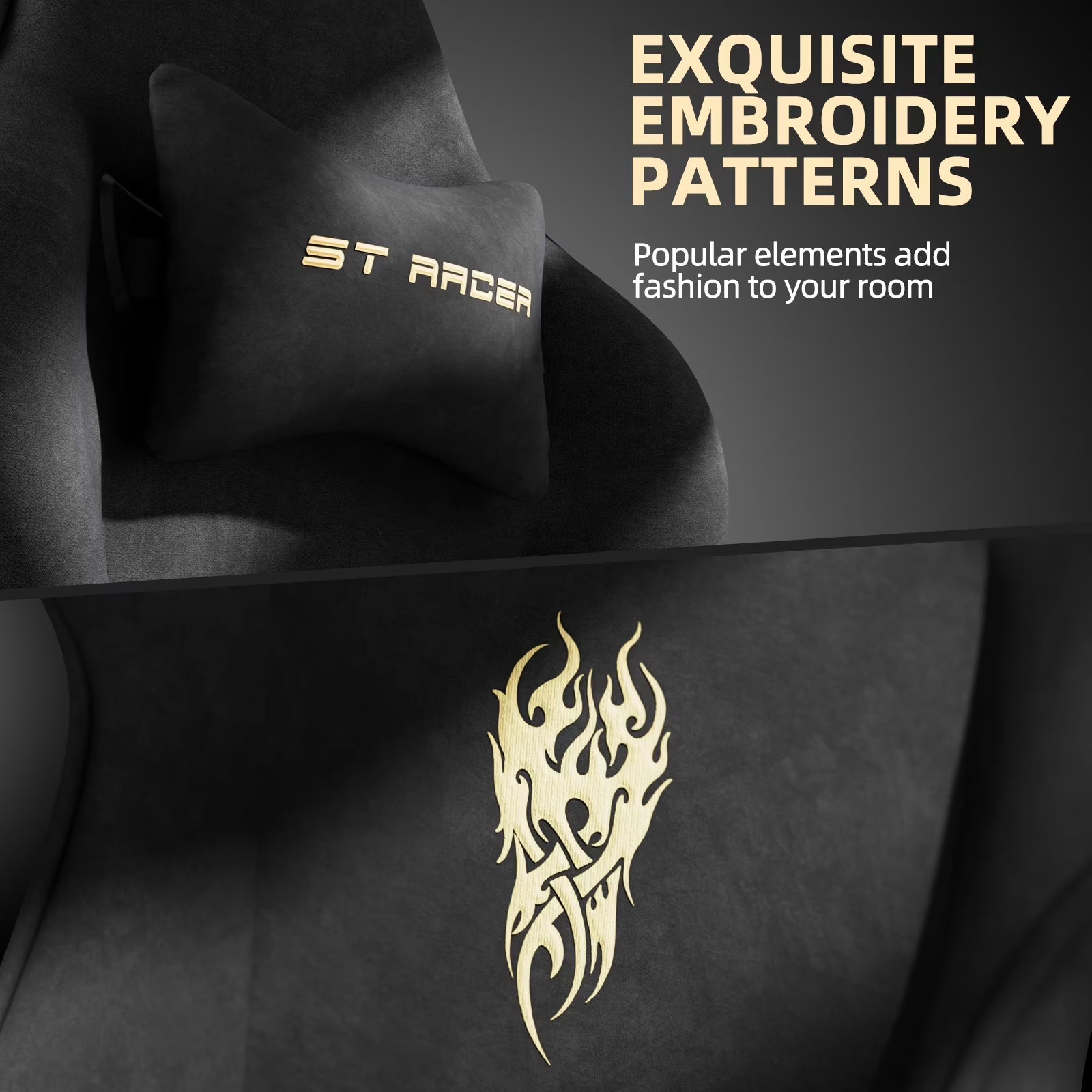 Black gaming chair with gold ST RACER embroidery and flame pattern, stylish esports setup