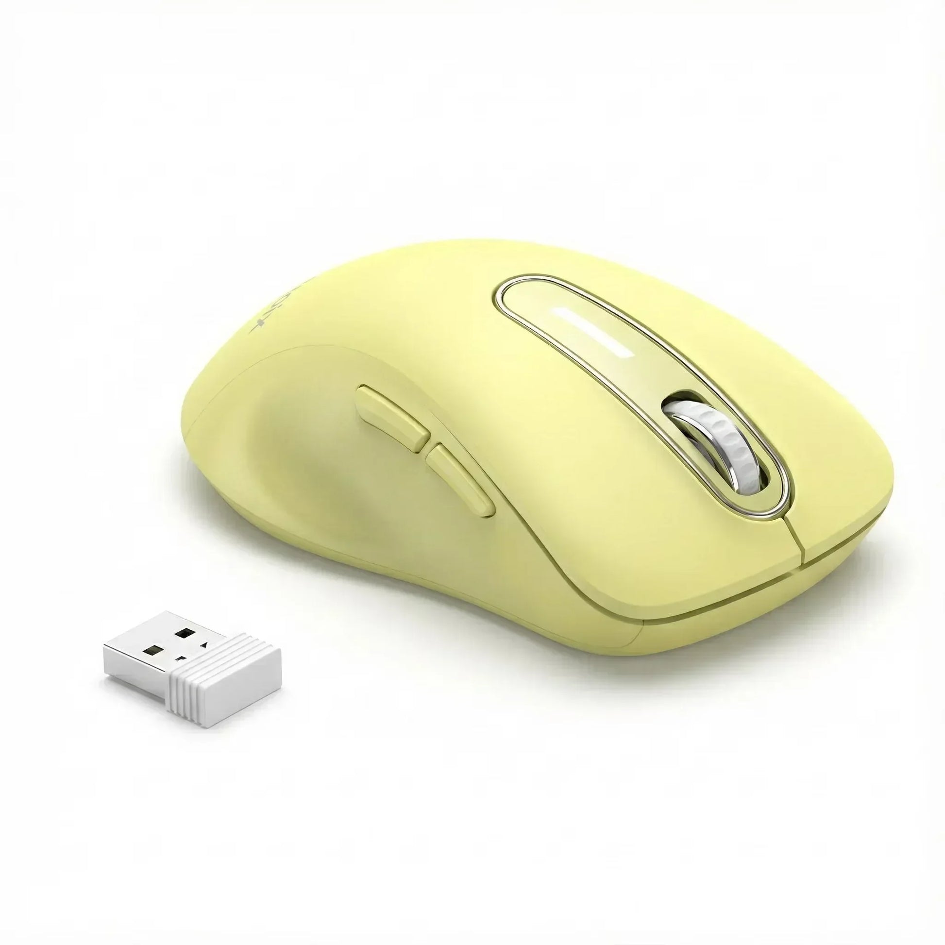 Yellow wireless gaming mouse with USB receiver on white background
