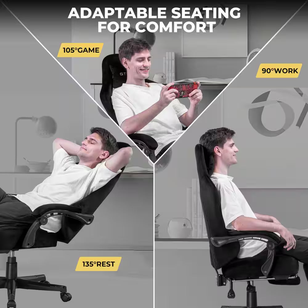 Adaptable gaming chair with 105° game, 90° work, and 135° rest positions for comfort