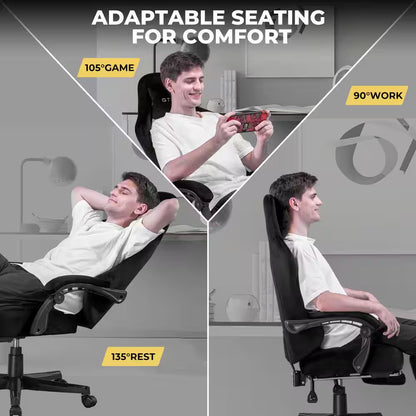 Adaptable gaming chair with 105° game, 90° work, and 135° rest positions for comfort