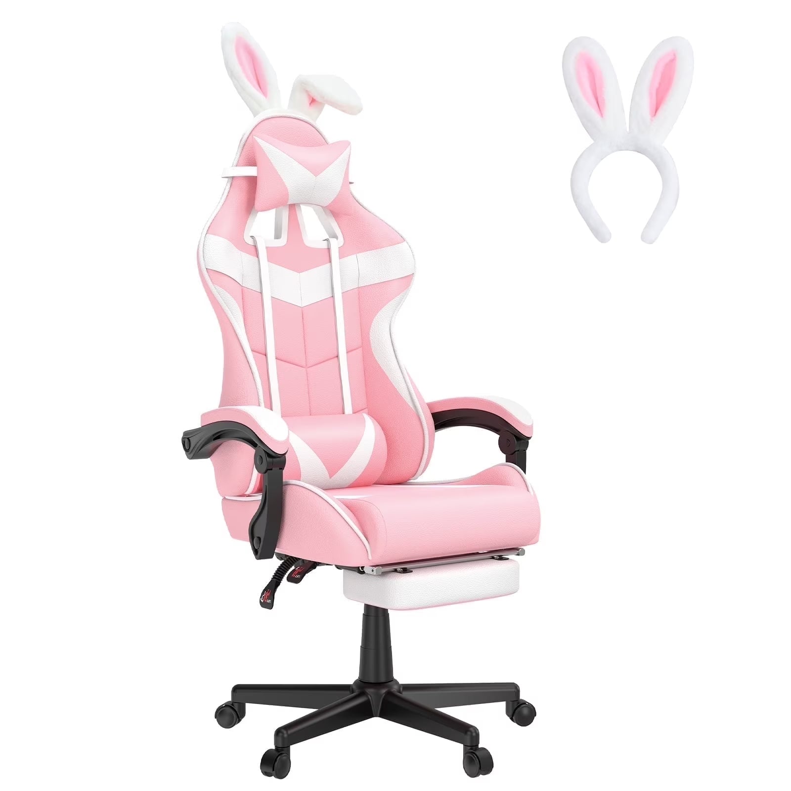 Pink and white gaming chair with bunny ears headrest and matching headband accessory