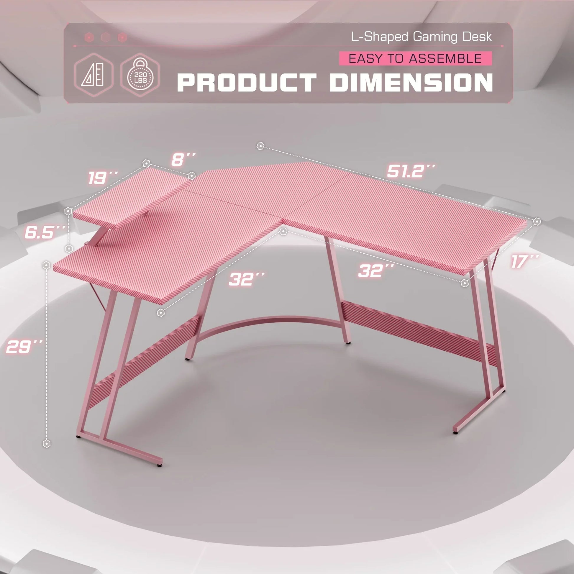 L-Shaped Gaming Desk 51.2 Inches Corner Office Gaming Desk with Removable Monitor Riser, Pink