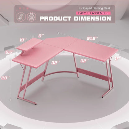 L-Shaped Gaming Desk 51.2 Inches Corner Office Gaming Desk with Removable Monitor Riser, Pink