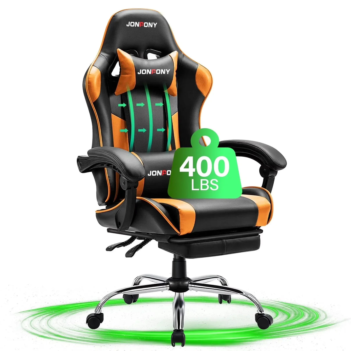 JONFONY black and orange ergonomic gaming chair with adjustable armrests and 400 lbs weight capacity