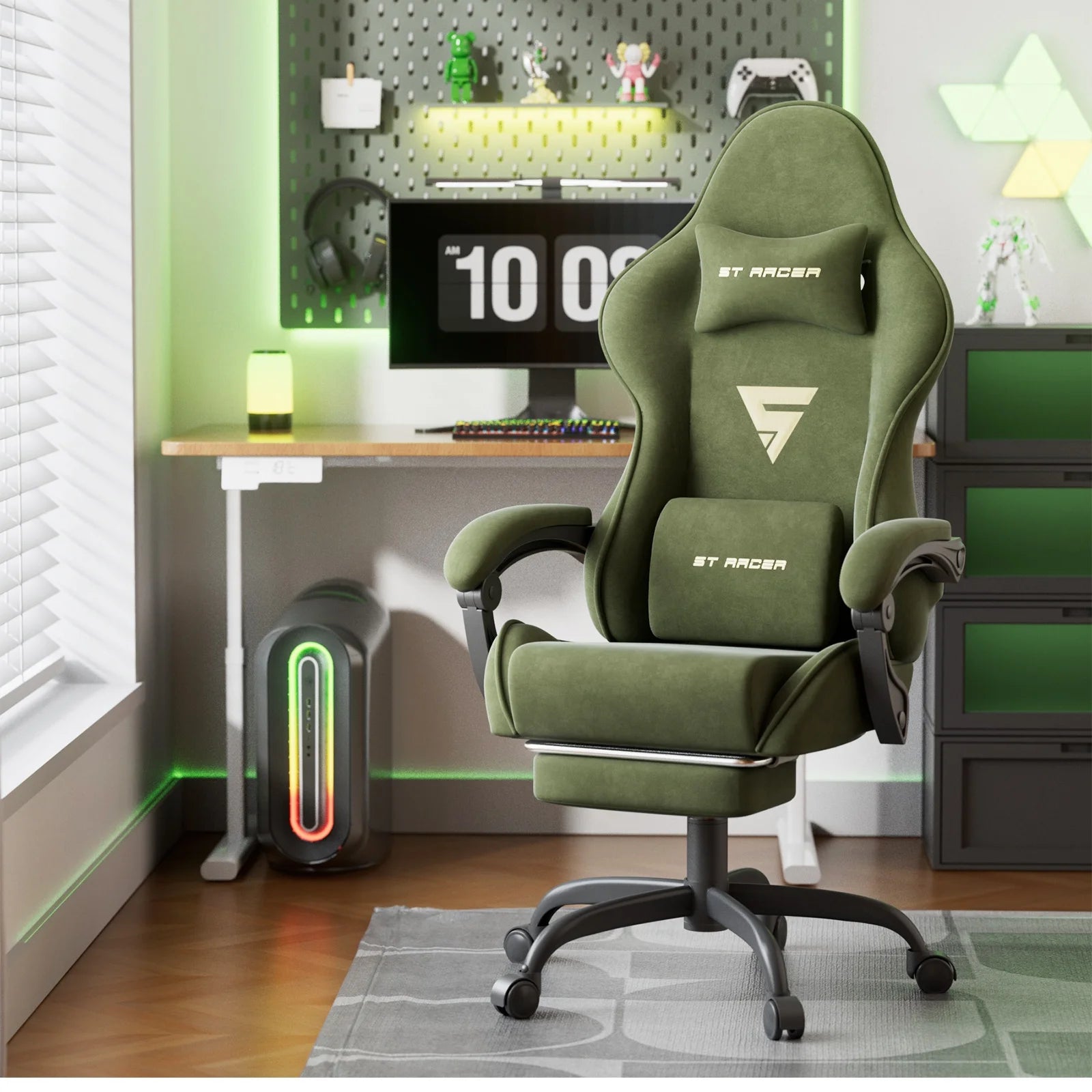 Olive green ST RACER gaming chair with lumbar and neck pillows in a retro 8-bit themed setup
