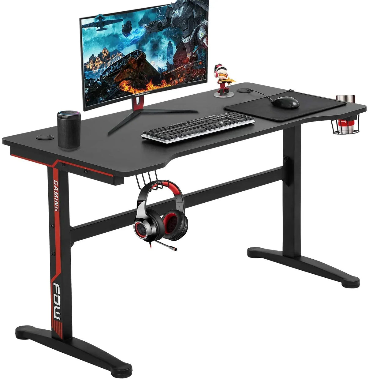 Black and red gaming desk with monitor, keyboard, mouse, headset, cup holder, speaker, and gaming figurine