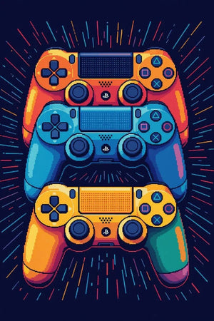 Pixel art of three colorful PlayStation controllers stacked with vibrant lines on dark background