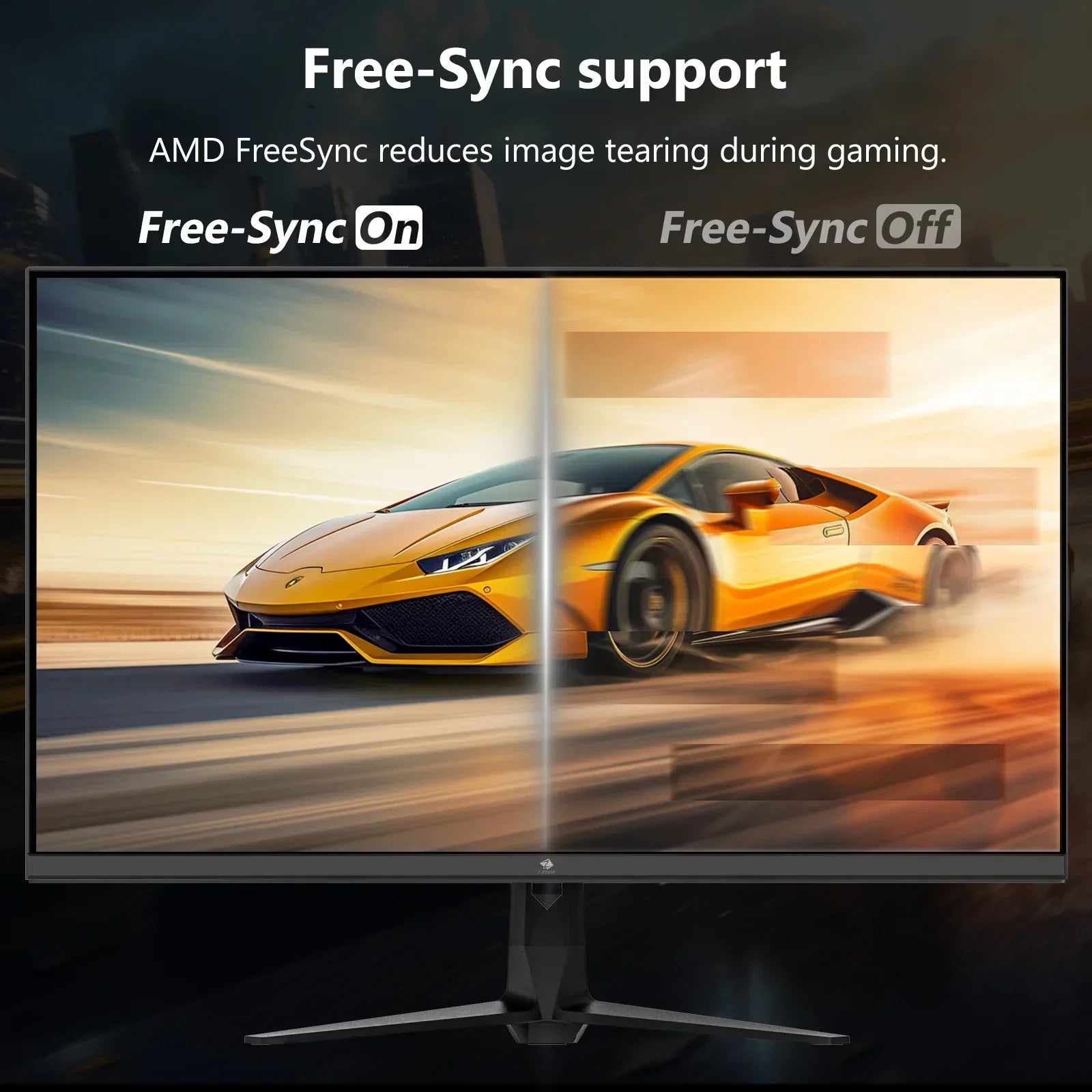 Gaming monitor showing sharp car image with AMD FreeSync on versus blurred image with FreeSync off