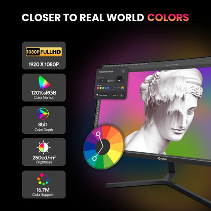 Monitor displaying color settings and a sculpted white statue bust with distorted pixel effects, highlighting 1080p Full HD, 120% sRGB, 8bit color depth, 250cd/m² brightness, 16.7M color support