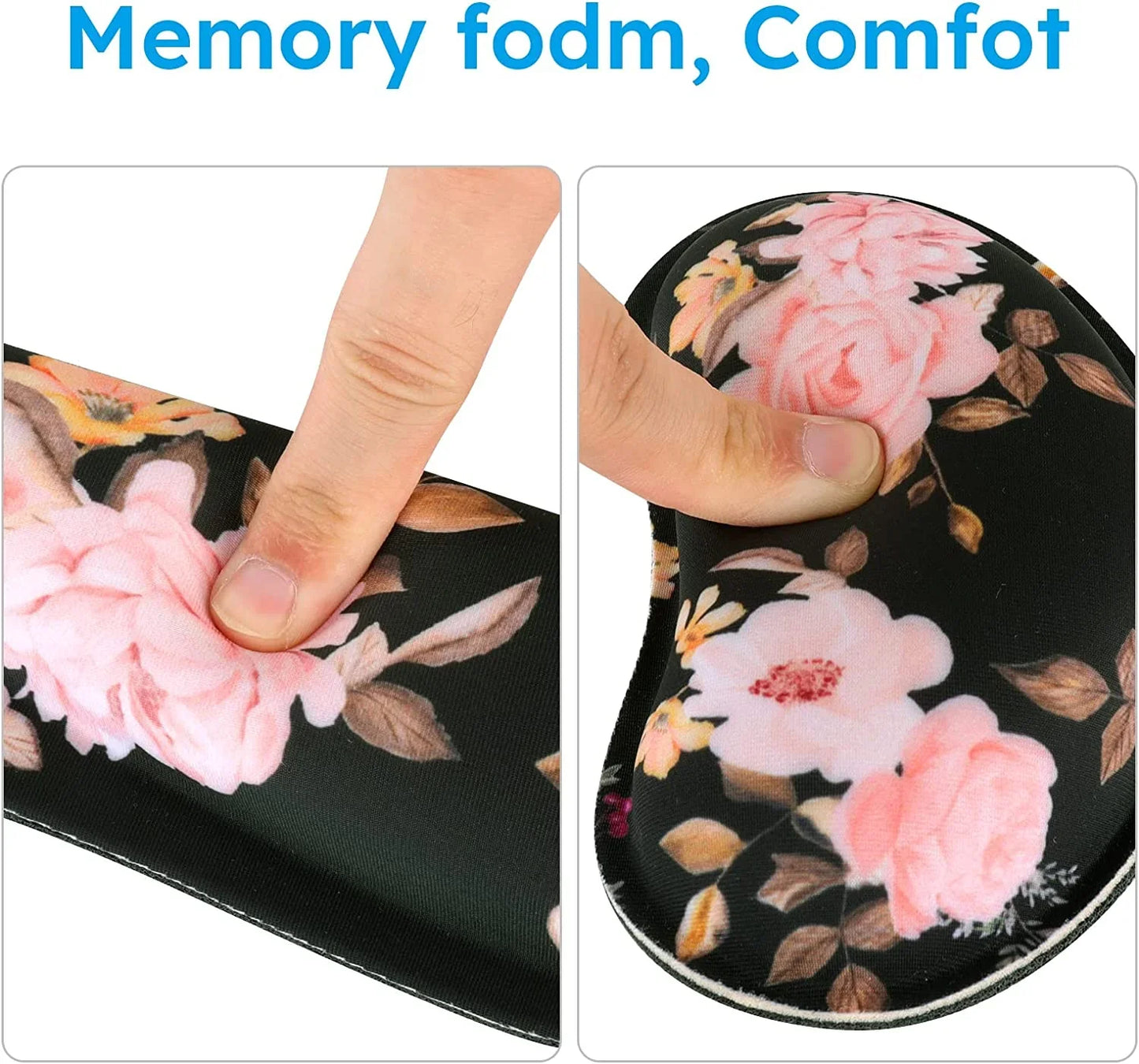 Person pressing soft memory foam wrist rest with pink floral pattern on black background