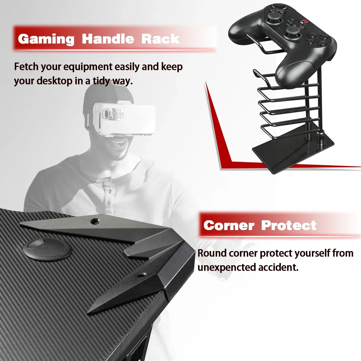 Black gaming handle rack holding a controller and corner protector on a carbon fiber textured gaming desk