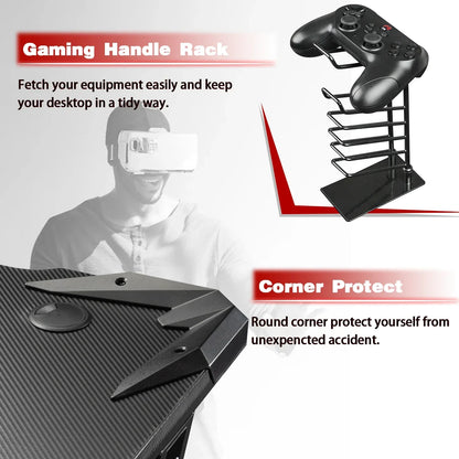 Black gaming handle rack holding a controller and corner protector on a carbon fiber textured gaming desk