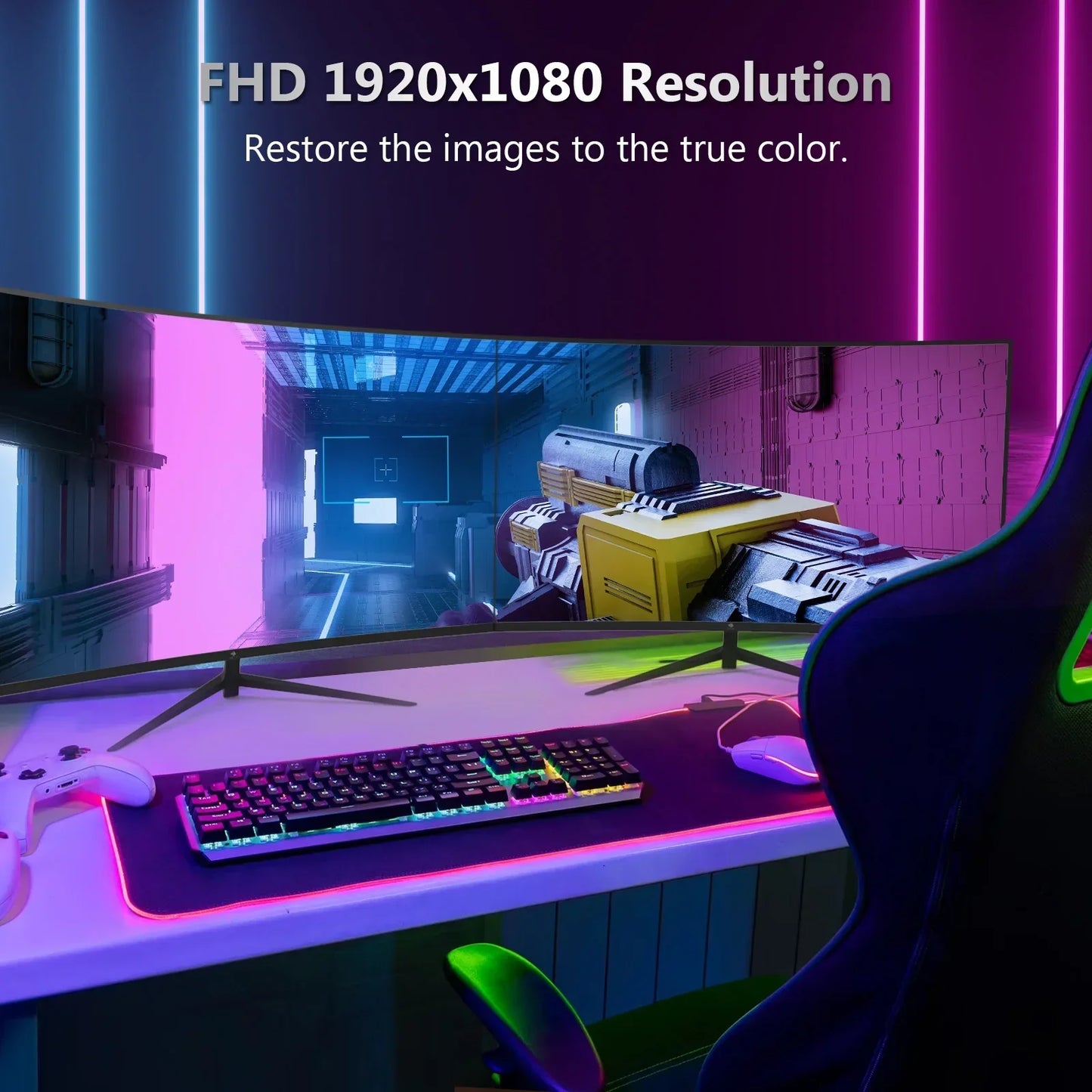 Curved gaming monitor displaying shooter game, RGB keyboard, mouse, and controller on desk with neon lights
