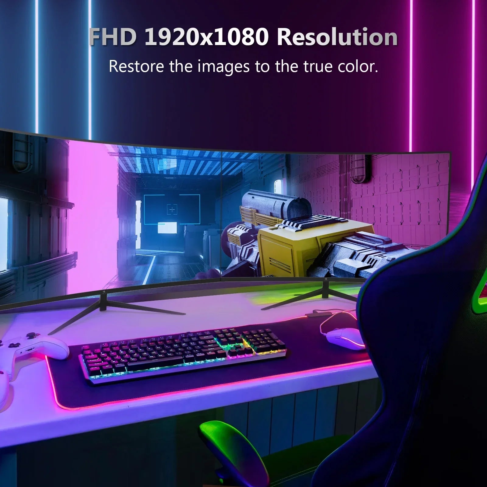 Curved gaming monitor displaying shooter game, RGB keyboard, mouse, and controller on desk with neon lights