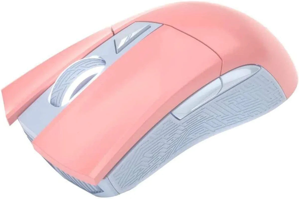 Close-up of pink and gray gaming mouse with textured side grip and illuminated scroll wheel