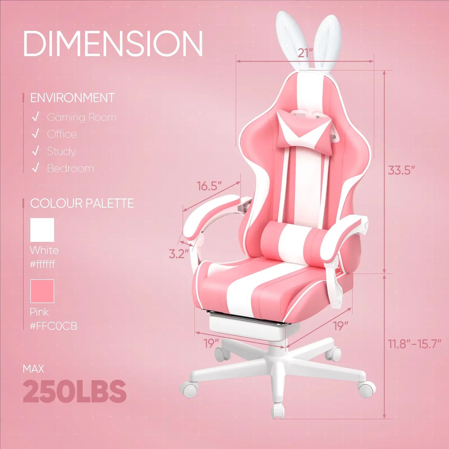 Pink and white gaming chair with bunny ears, dimensions shown, for gaming room or office setup