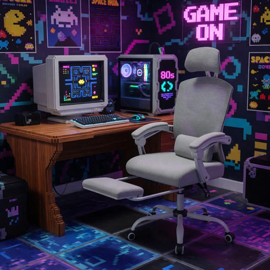 Retro 8-bit gaming setup with ergonomic chair, CRT monitor, and neon pixel art decor