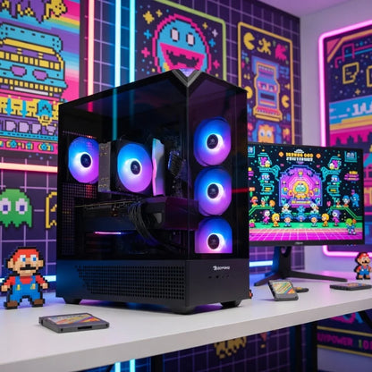 RGB gaming PC with glass case on desk, retro 8-bit decor, and monitor showing pixel art game.