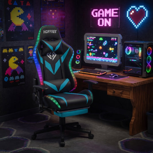 HOFFREE Massage LED Reclining Gaming Chair | Bluetooth Speakers | Adjustable Armrests | Blue