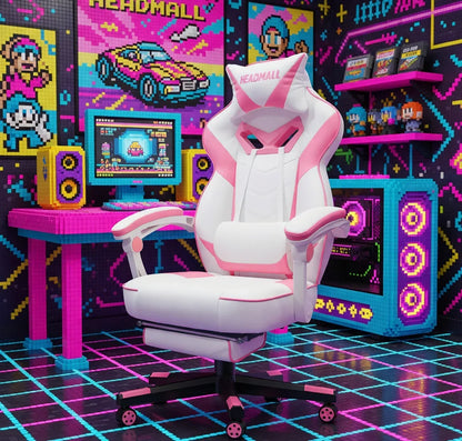 White and pink gaming chair in a retro 8-bit themed gaming room with neon decor