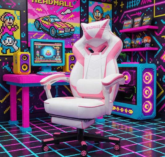 White and pink gaming chair in a retro 8-bit themed gaming room with neon decor