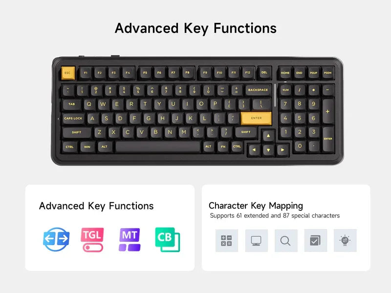 Black gaming keyboard with yellow accent keys, advanced functions & character mapping for retro 8-bit setups