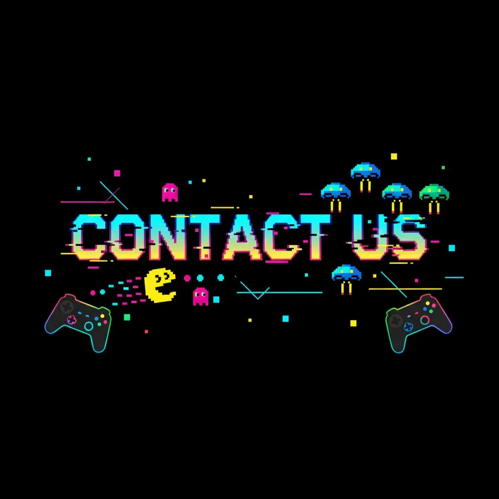 Retro pixel art style "Contact Us" text with video game elements and controllers on black background