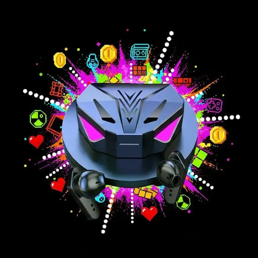 Gaming-themed black earbuds with a fierce design and neon purple eyes on a colorful pixel art background