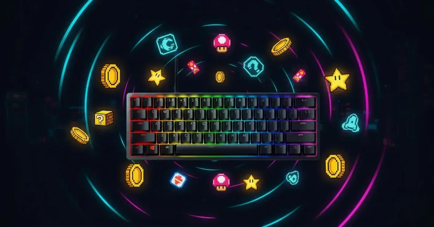 RGB gaming keyboard with retro pixel icons, coins and stars on a neon background