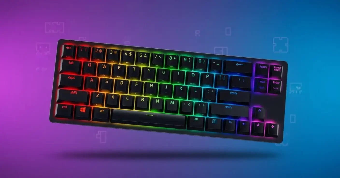 Compact RGB gaming keyboard with rainbow backlight on a purple and blue gradient background