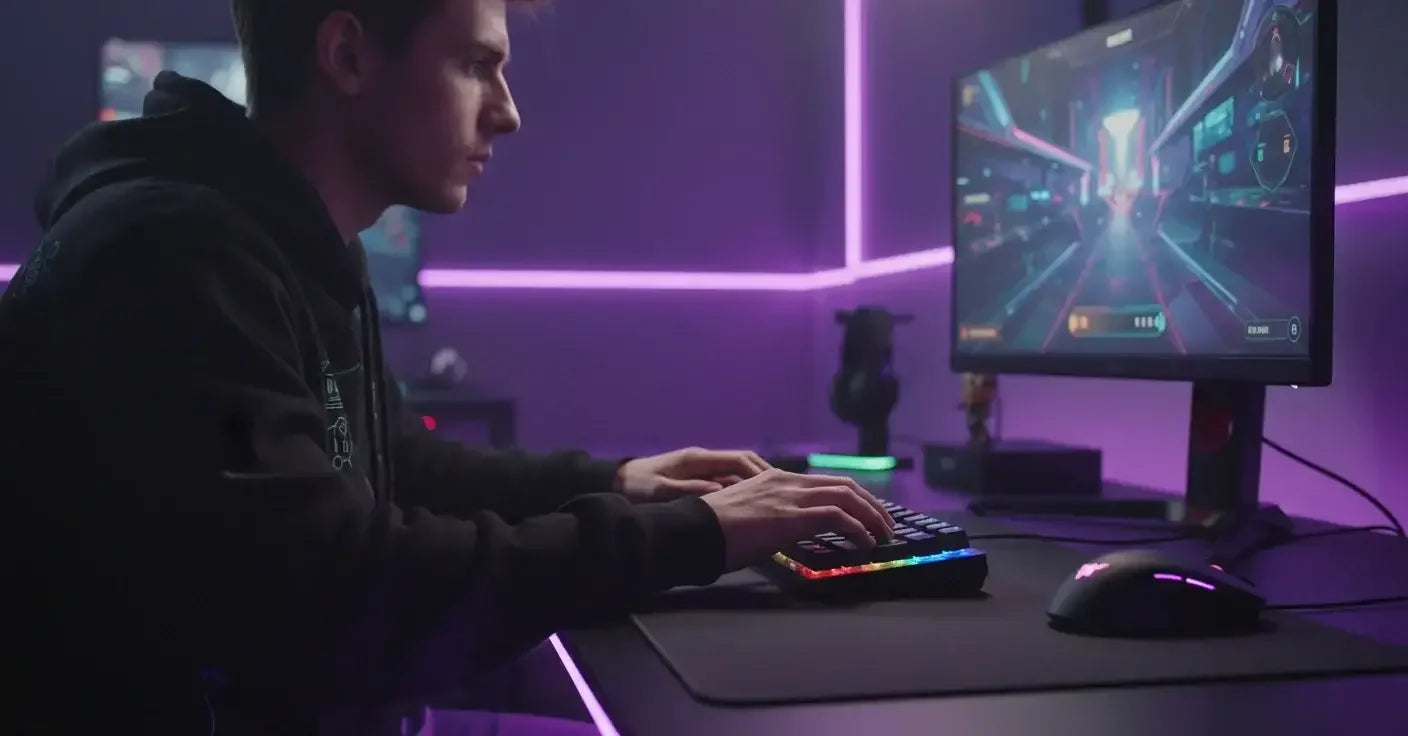 Gamer at RGB keyboard using desktop PC in neon-lit gaming room